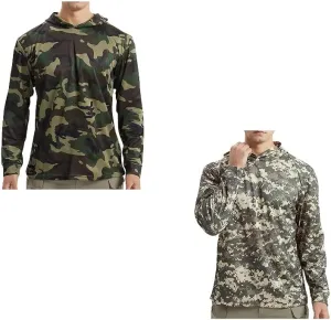 2PCS Summer Tops for Men UV Sun Protection Hooded Camo Shirts Long Sleeve Quick-Dry Outdoor Tees Cooling Hoodies