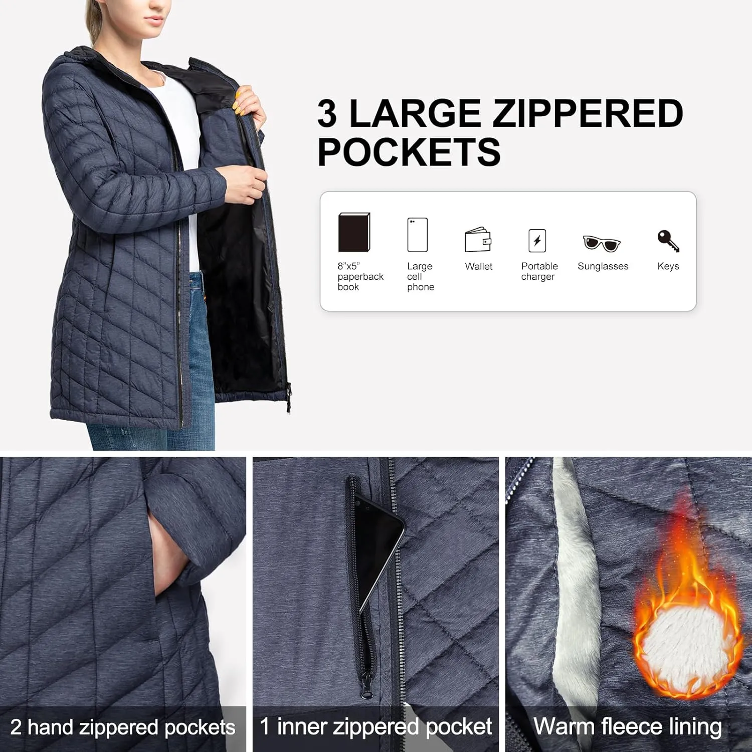 33,000ft Women's Long Puffer Jacket with Hood, Lightweight Warm Puffy Quilted Winter Coats