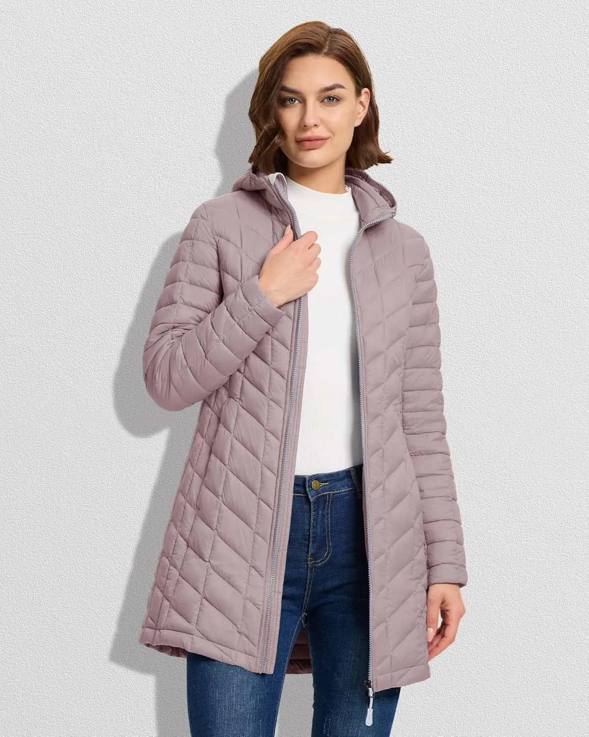 33,000ft Women's Long Puffer Jacket with Hood, Lightweight Warm Puffy Quilted Winter Coats