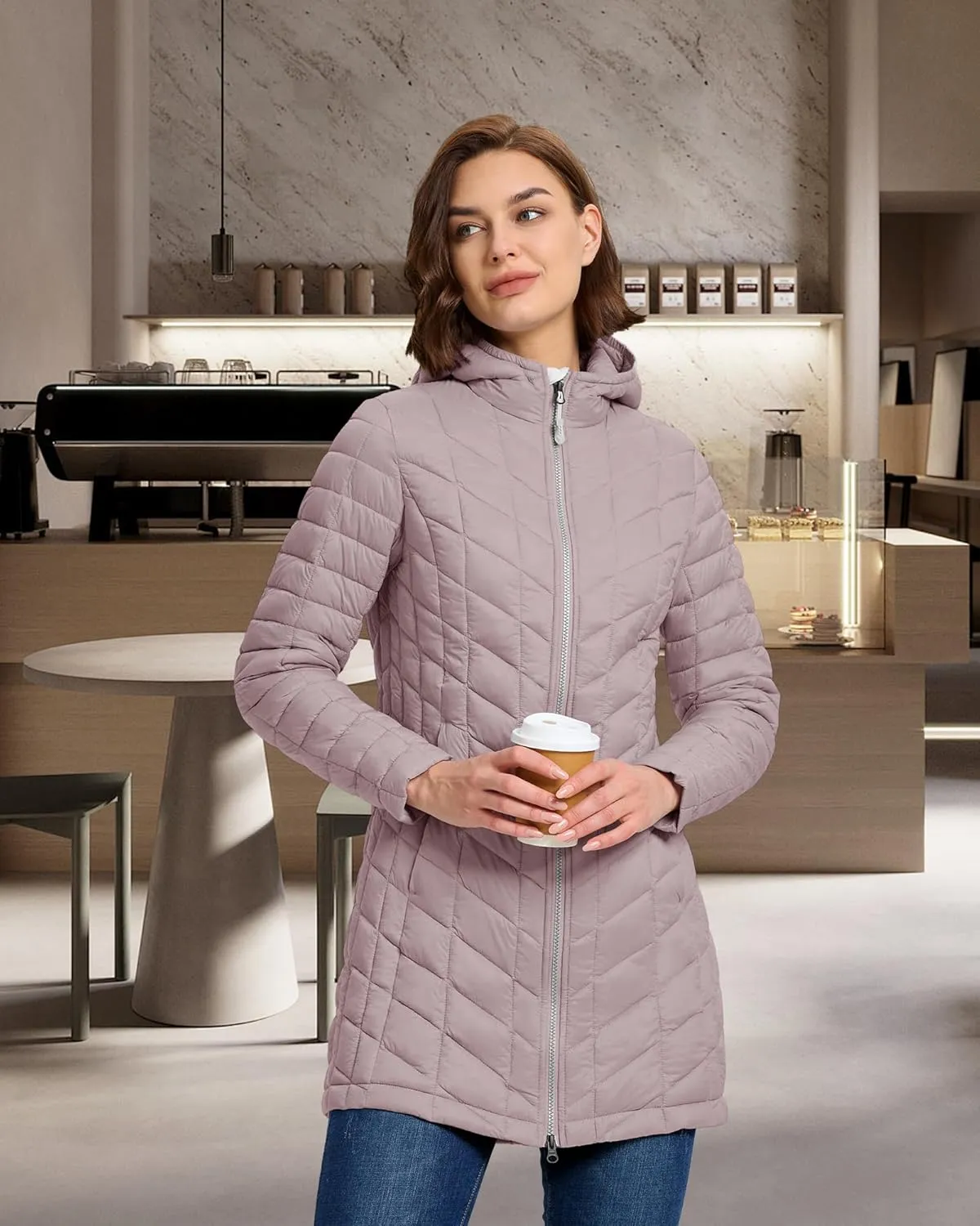 33,000ft Women's Long Puffer Jacket with Hood, Lightweight Warm Puffy Quilted Winter Coats