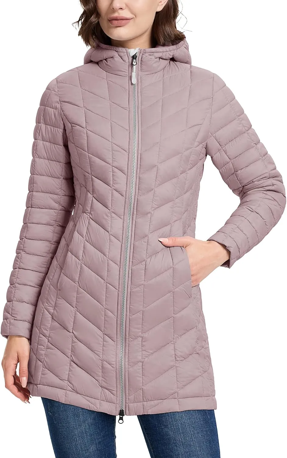 33,000ft Women's Long Puffer Jacket with Hood, Lightweight Warm Puffy Quilted Winter Coats