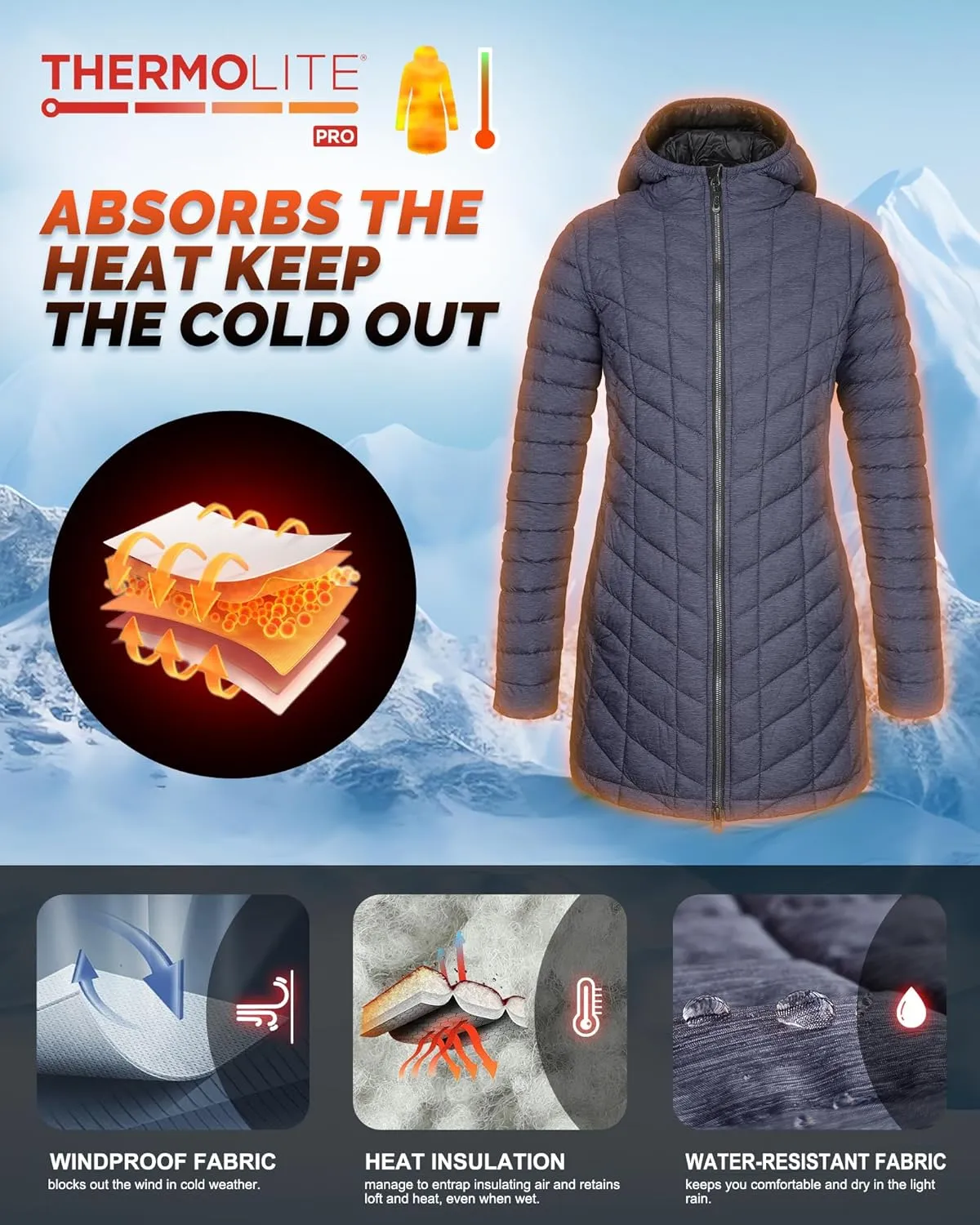 33,000ft Women's Long Puffer Jacket with Hood, Lightweight Warm Puffy Quilted Winter Coats