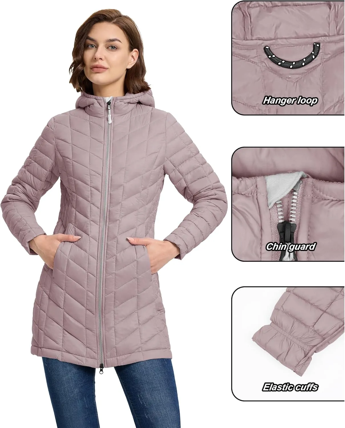 33,000ft Women's Long Puffer Jacket with Hood, Lightweight Warm Puffy Quilted Winter Coats