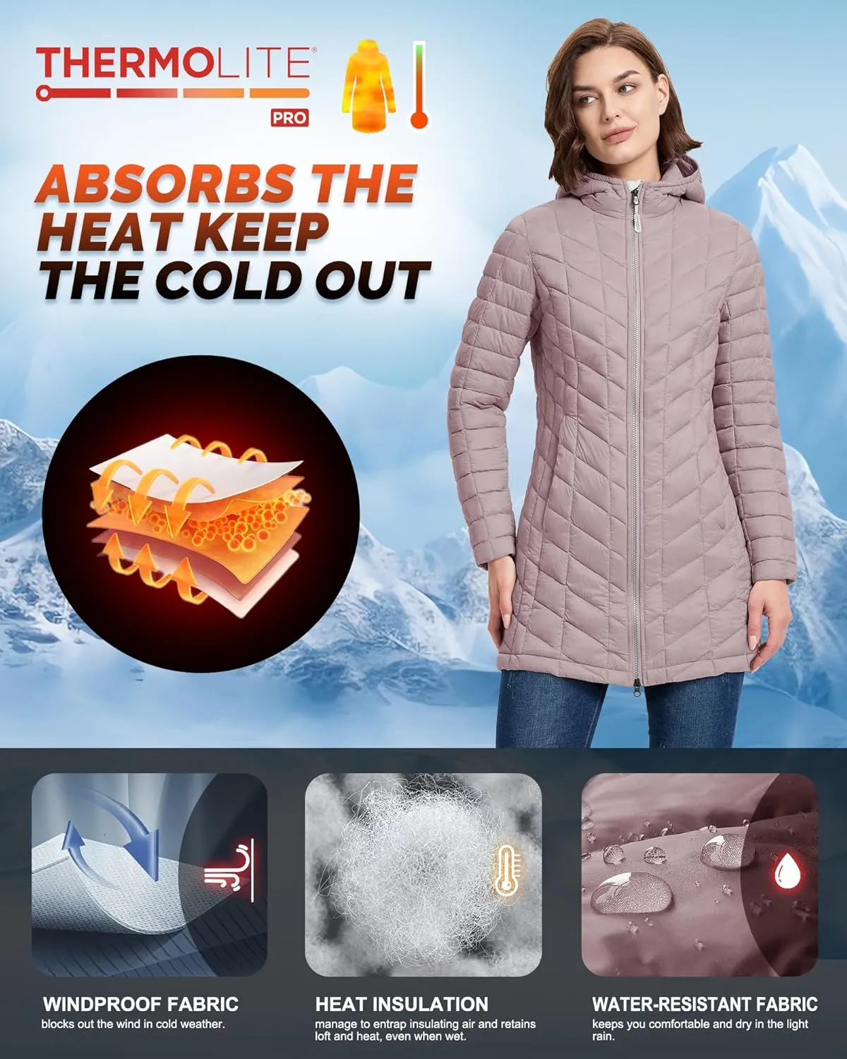 33,000ft Women's Long Puffer Jacket with Hood, Lightweight Warm Puffy Quilted Winter Coats