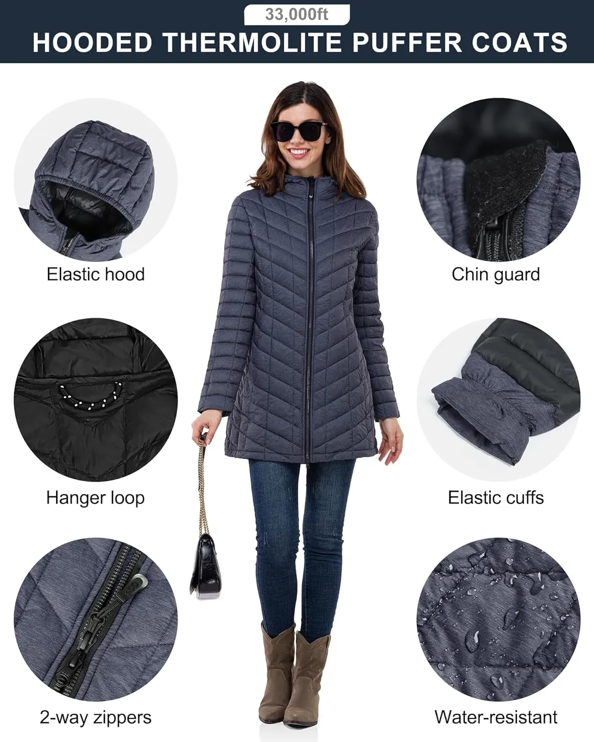 33,000ft Women's Long Puffer Jacket with Hood, Lightweight Warm Puffy Quilted Winter Coats