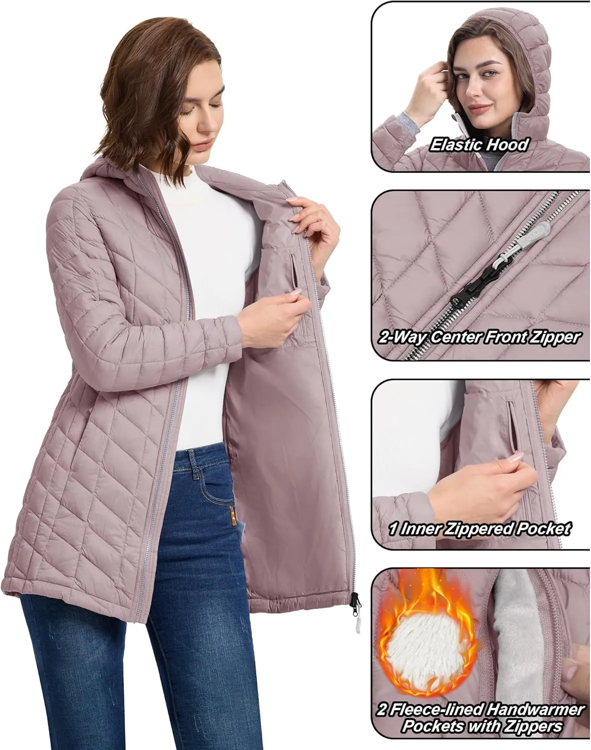 33,000ft Women's Long Puffer Jacket with Hood, Lightweight Warm Puffy Quilted Winter Coats
