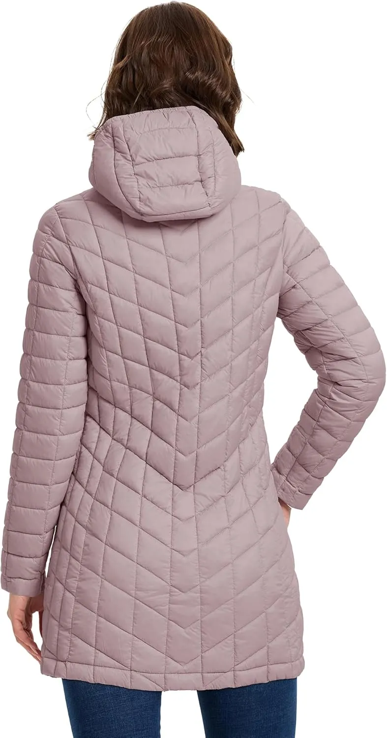 33,000ft Women's Long Puffer Jacket with Hood, Lightweight Warm Puffy Quilted Winter Coats