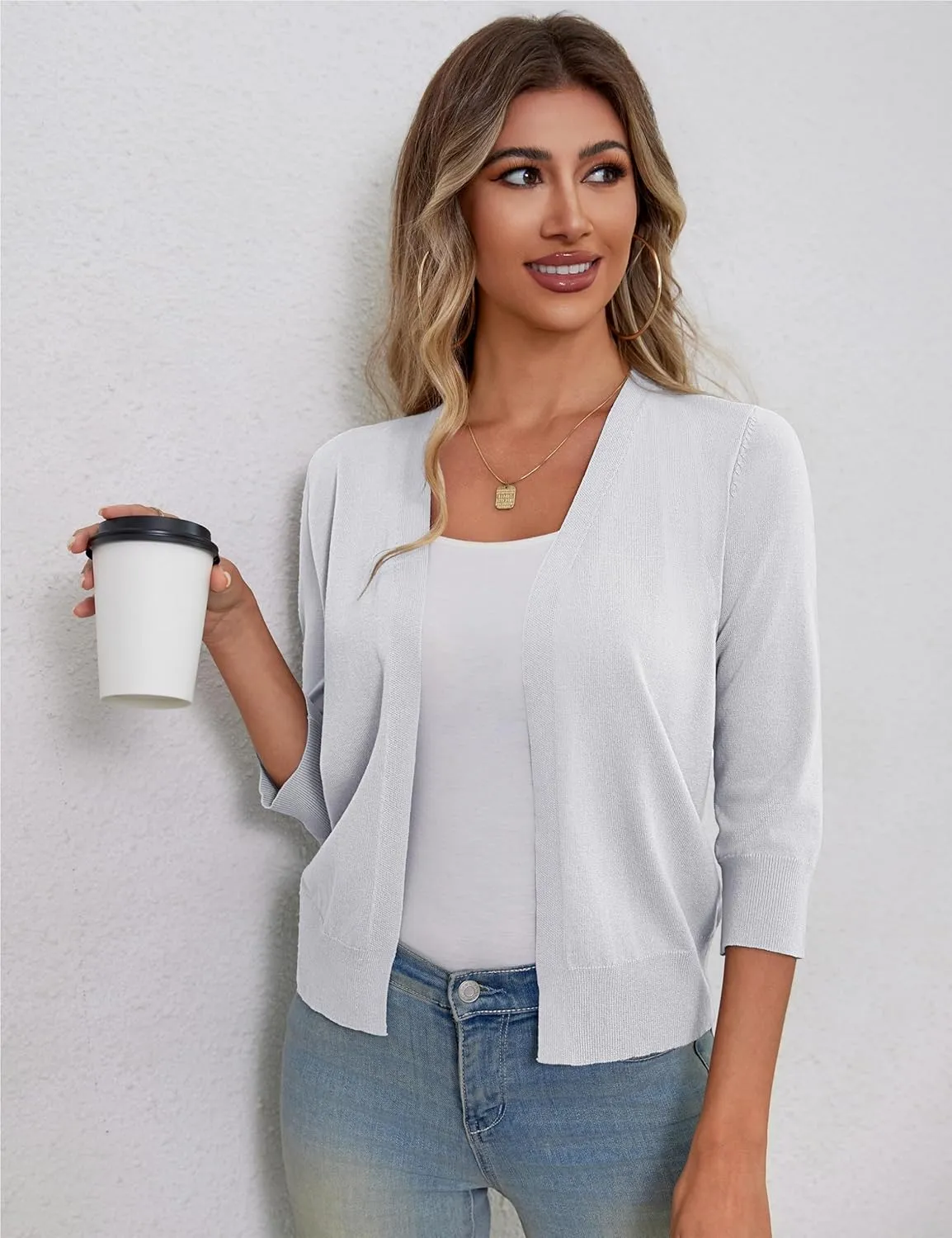 a.Jesdani Women's 3/4 Sleeve Shrugs Open Front Cropped Sweater Cardigan