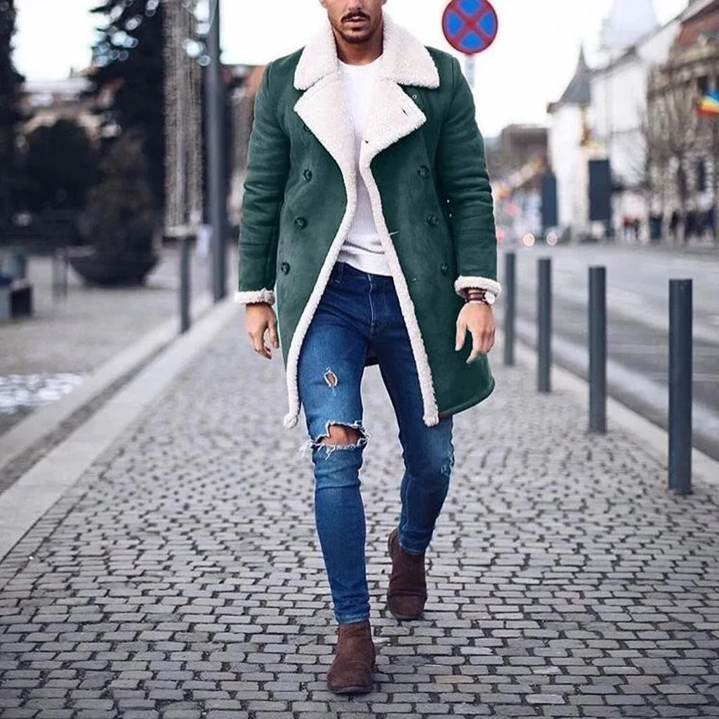 Akivide Men's Casual Sherpa Fleece Lined Jackets Peacoat Winter Warm Fur Collar Long Trench Coats Overcoat with Pockets