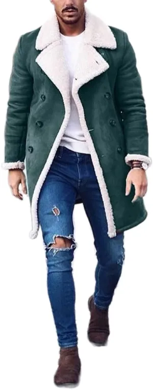 Akivide Men's Casual Sherpa Fleece Lined Jackets Peacoat Winter Warm Fur Collar Long Trench Coats Overcoat with Pockets