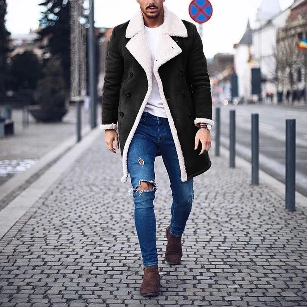 Akivide Men's Casual Sherpa Fleece Lined Jackets Peacoat Winter Warm Fur Collar Long Trench Coats Overcoat with Pockets
