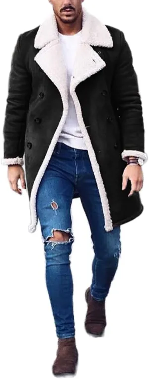 Akivide Men's Casual Sherpa Fleece Lined Jackets Peacoat Winter Warm Fur Collar Long Trench Coats Overcoat with Pockets