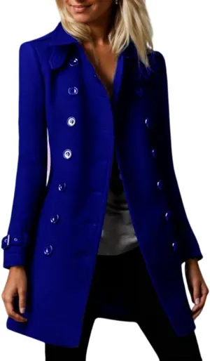 Akivide Women's Winter Warm Thicken Double Breasted Wool Blend Trench Peacoat 2024 Trendy Lapel Outerwear Coat with Pockets
