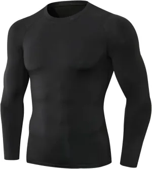 Athletic Compression Shirts for Mens Running Workout Long Sleeve Active Elastic Baselayer Dry-fit Shirts Black Large