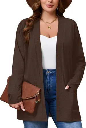 AusLook Women's Plus Size Lightweight Open Front Cardigan 2X Coffee Causal Long Sleeve Cover Ups Shrugs Tops Shawls and Wraps Kimono Jacket
