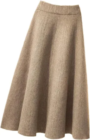 Autumn Knitted Pleated Skirt Women's Midi Elastic High Waist A-Line Sweater Skirt Female Winter Black Wool Long Skirt