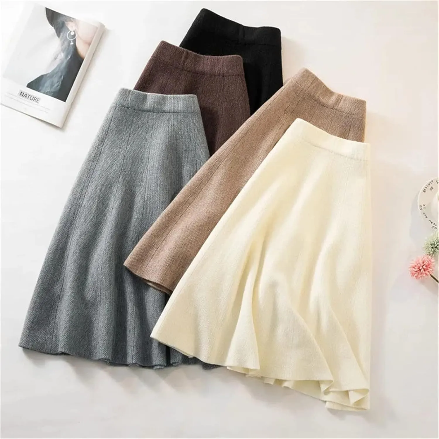 Autumn Knitted Pleated Skirt Women's Midi Elastic High Waist A-Line Sweater Skirt Female Winter Black Wool Long Skirt