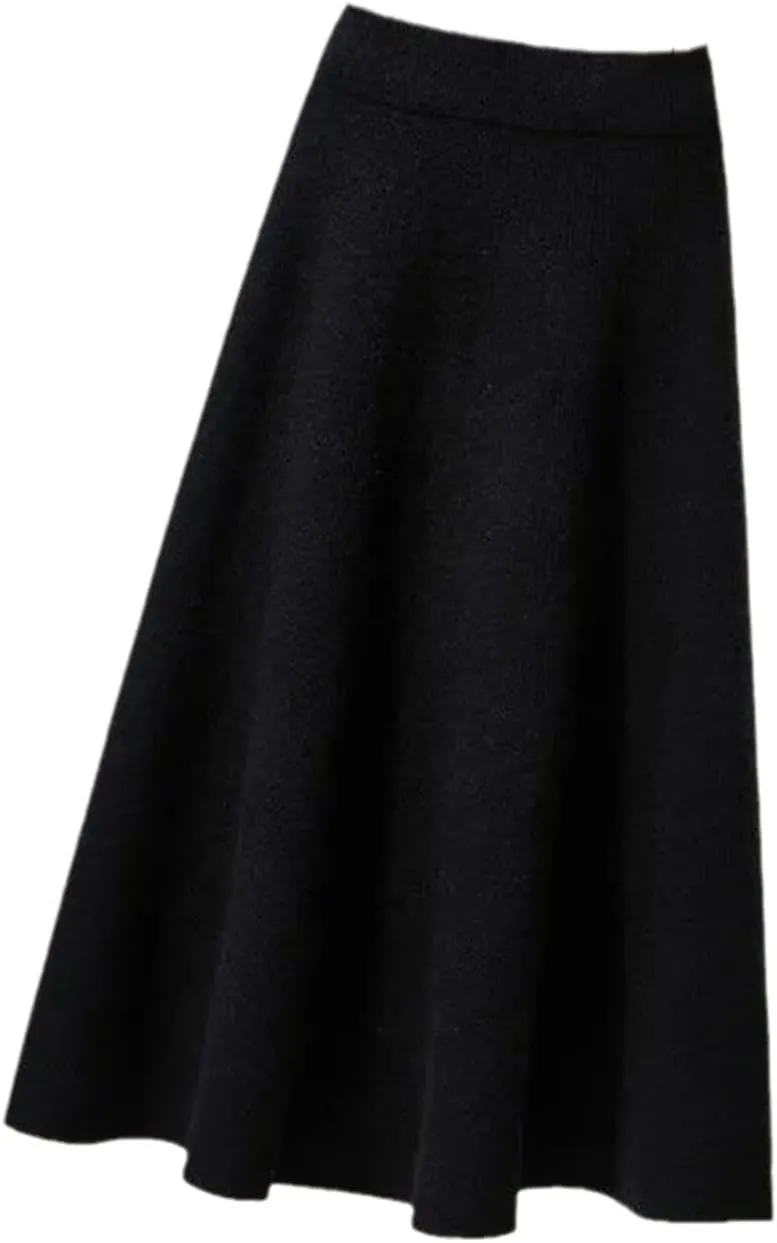 Autumn Knitted Pleated Skirt Women's Midi Elastic High Waist A-Line Sweater Skirt Female Winter Black Wool Long Skirt