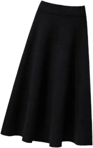 Autumn Knitted Pleated Skirt Women's Midi Elastic High Waist A-Line Sweater Skirt Female Winter Black Wool Long Skirt