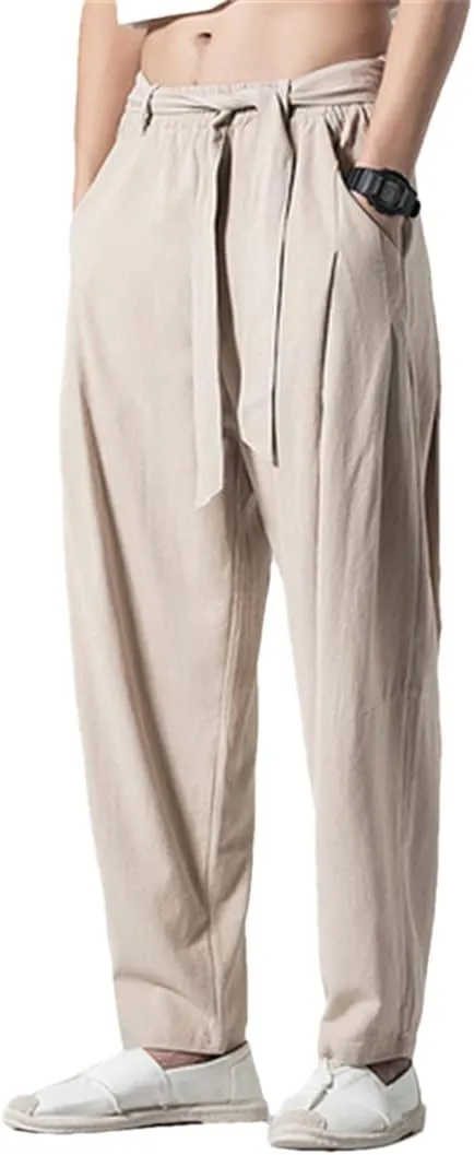 Bciopll Men Harem Pants Casual Sweatpants Elastic Waist Oversize Linen Pants Joggers Hip Hop Trousers