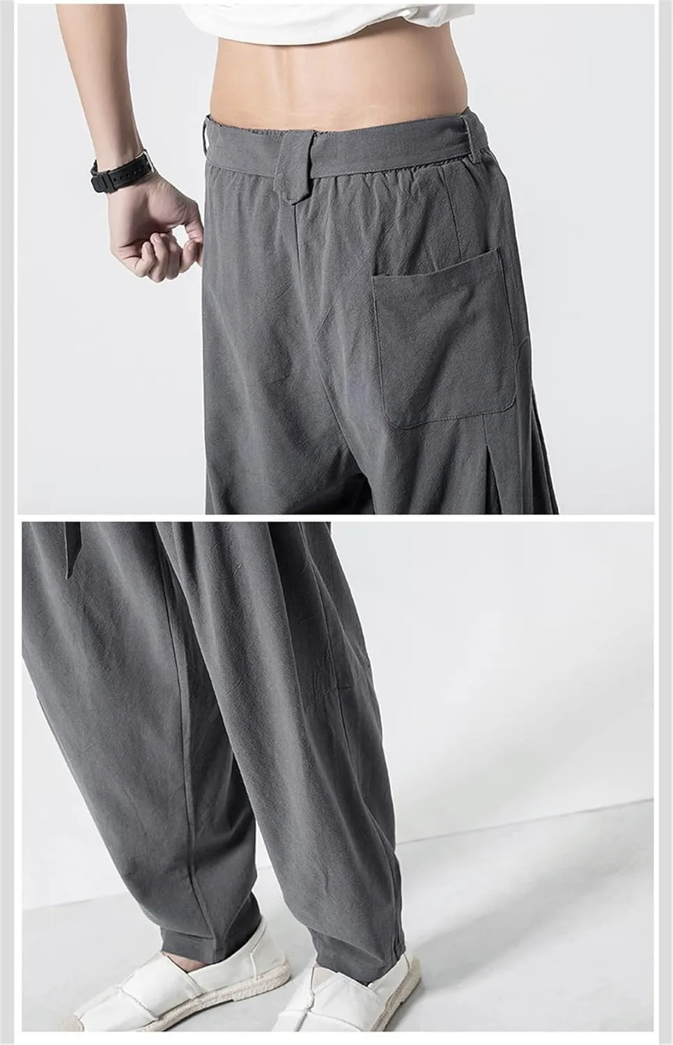 Bciopll Men Harem Pants Casual Sweatpants Elastic Waist Oversize Linen Pants Joggers Hip Hop Trousers