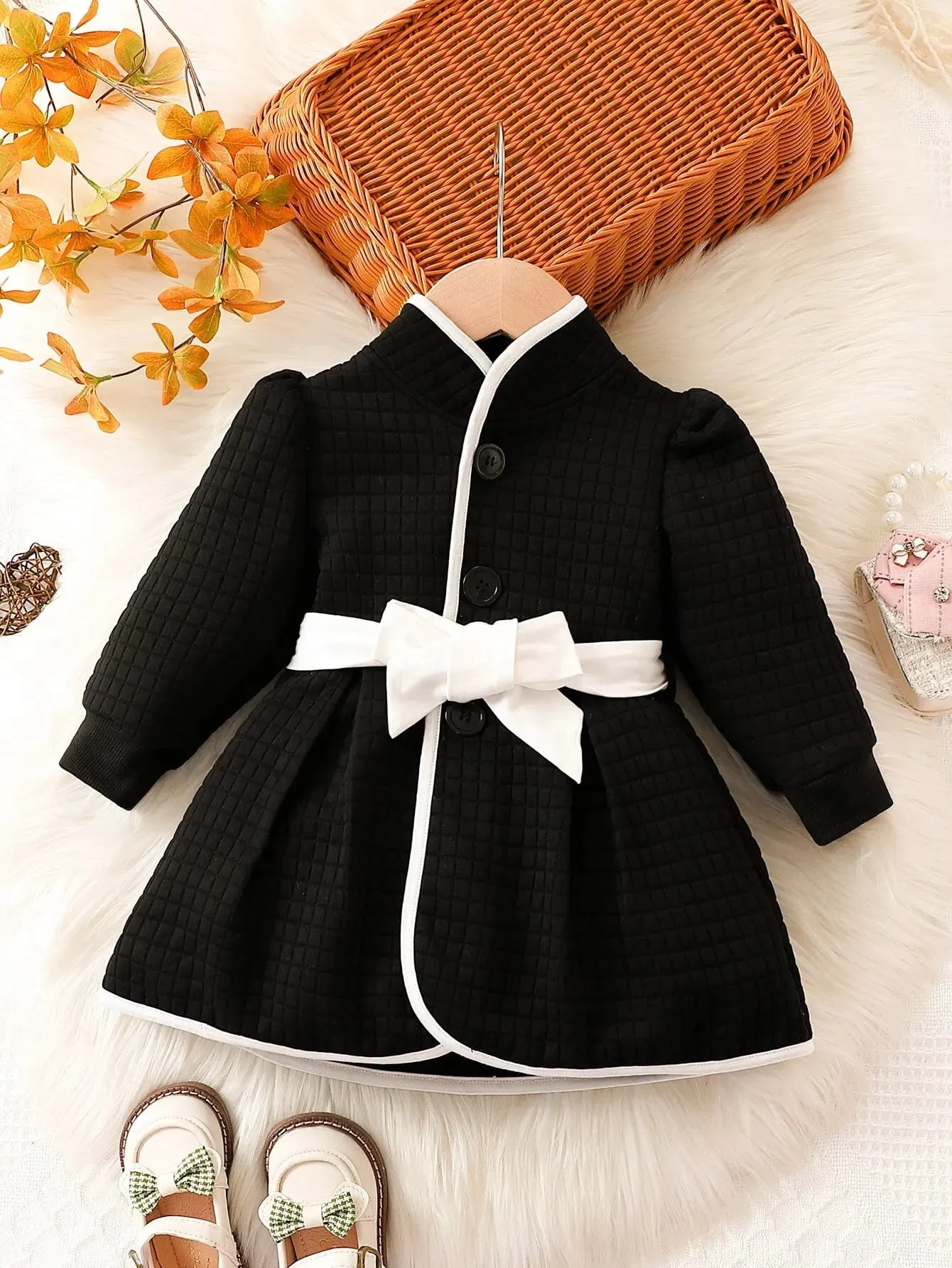 Black and White Belted Princess Coat