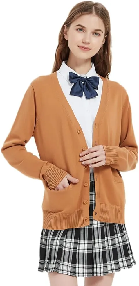 Blostirno Women's Cardigan Sweater V Neck Button Down Knit JK School Uniform Cardigans Girls Long Sleeve Coat with Pockets