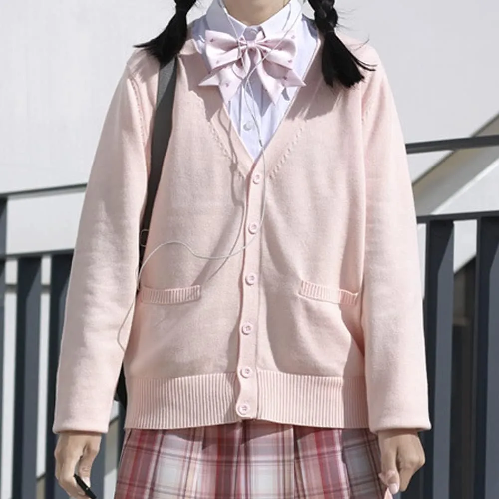 Blostirno Women's Cardigan Sweater V Neck Button Down Knit JK School Uniform Cardigans Girls Long Sleeve Coat with Pockets