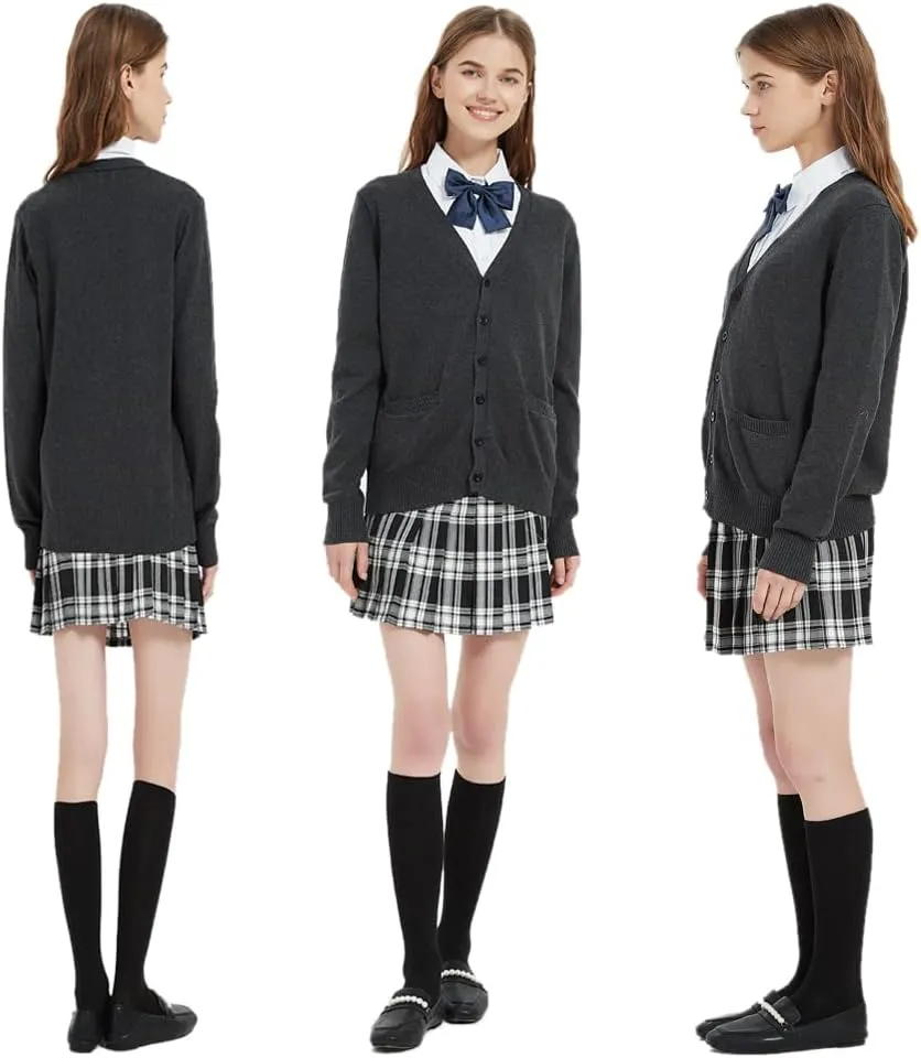 Blostirno Women's Cardigan Sweater V Neck Button Down Knit JK School Uniform Cardigans Girls Long Sleeve Coat with Pockets