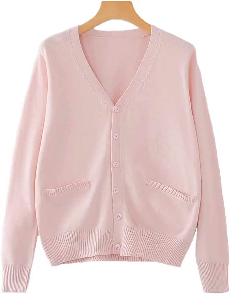 Blostirno Women's Cardigan Sweater V Neck Button Down Knit JK School Uniform Cardigans Girls Long Sleeve Coat with Pockets