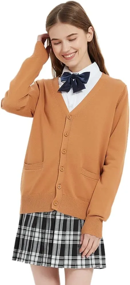 Blostirno Women's Cardigan Sweater V Neck Button Down Knit JK School Uniform Cardigans Girls Long Sleeve Coat with Pockets