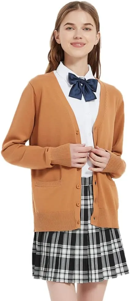 Blostirno Women's Cardigan Sweater V Neck Button Down Knit JK School Uniform Cardigans Girls Long Sleeve Coat with Pockets
