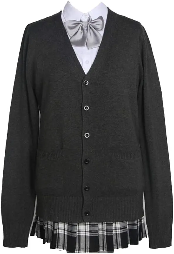 Blostirno Women's Cardigan Sweater V Neck Button Down Knit JK School Uniform Cardigans Girls Long Sleeve Coat with Pockets