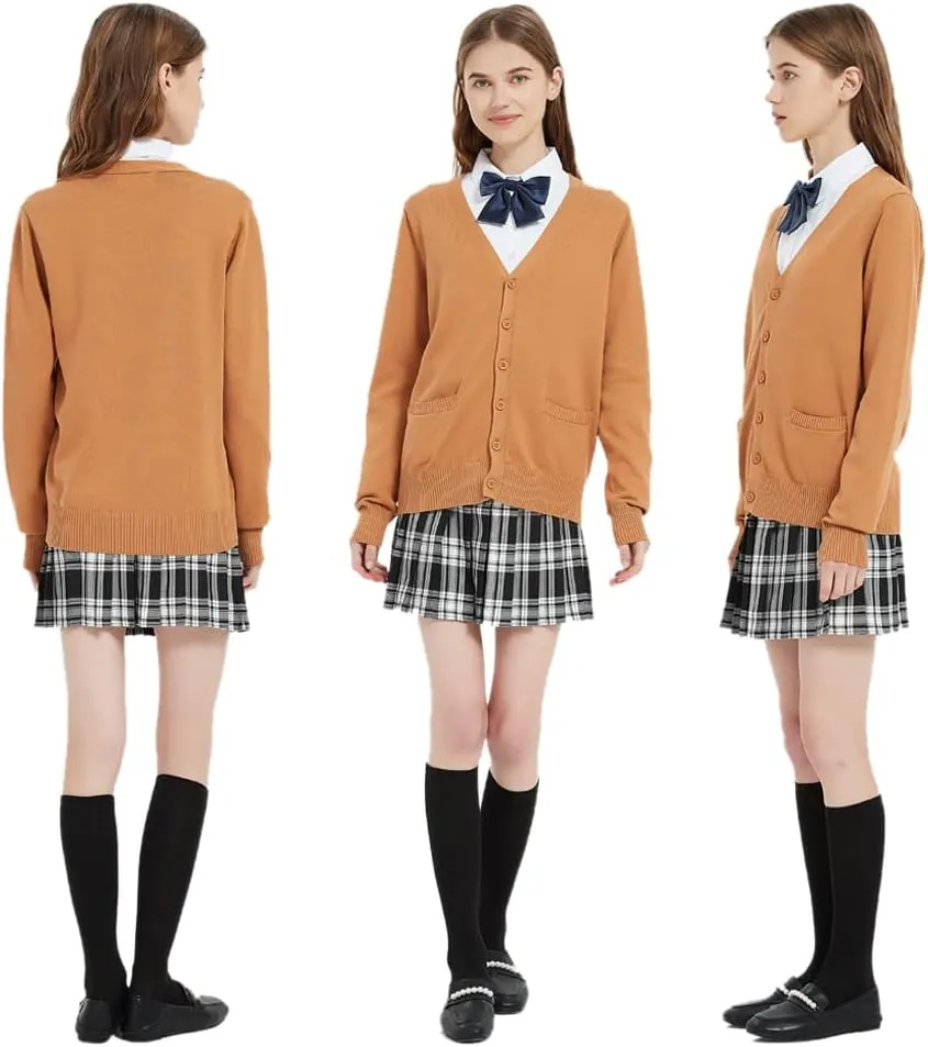 Blostirno Women's Cardigan Sweater V Neck Button Down Knit JK School Uniform Cardigans Girls Long Sleeve Coat with Pockets