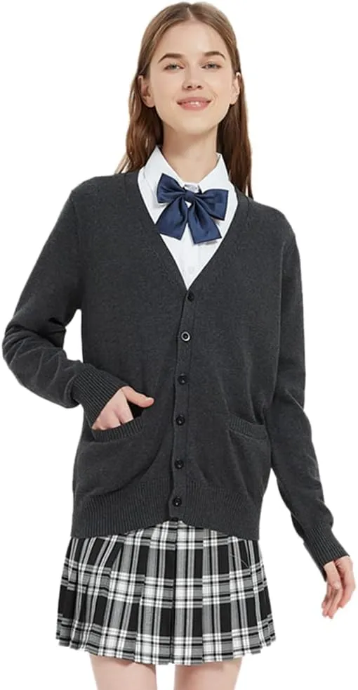 Blostirno Women's Cardigan Sweater V Neck Button Down Knit JK School Uniform Cardigans Girls Long Sleeve Coat with Pockets