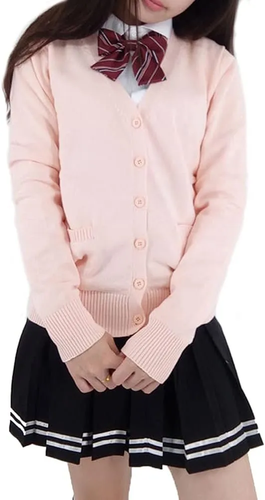 Blostirno Women's Cardigan Sweater V Neck Button Down Knit JK School Uniform Cardigans Girls Long Sleeve Coat with Pockets