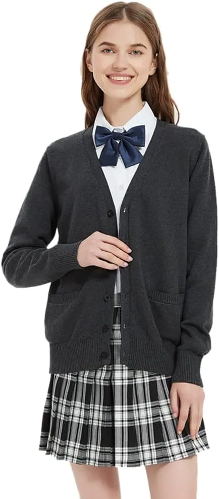 Blostirno Women's Cardigan Sweater V Neck Button Down Knit JK School Uniform Cardigans Girls Long Sleeve Coat with Pockets