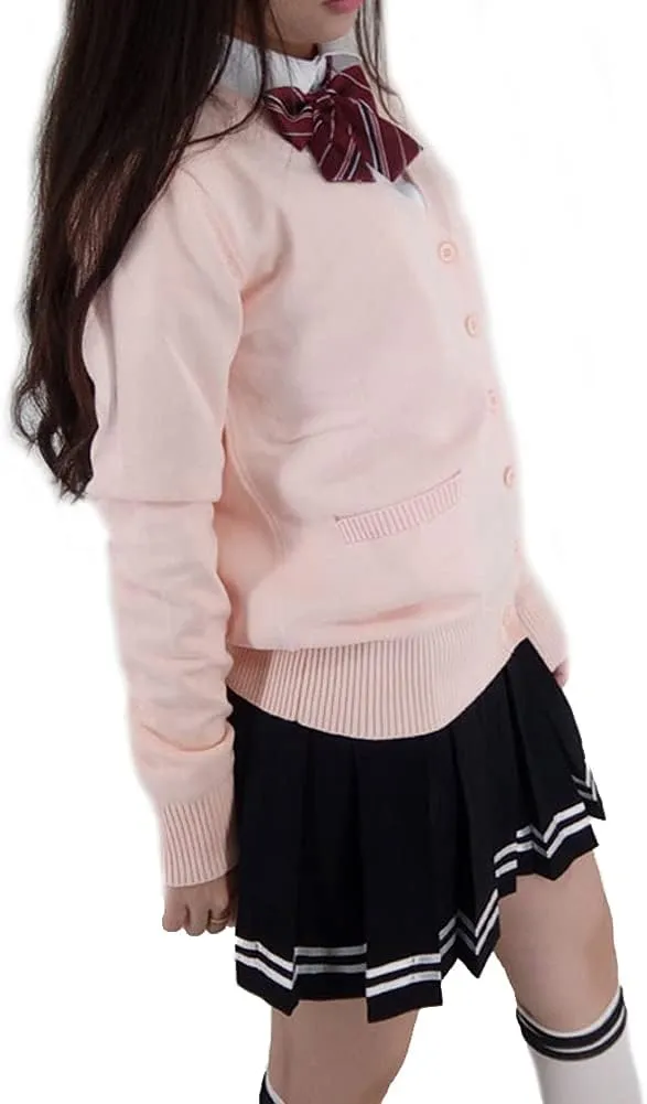 Blostirno Women's Cardigan Sweater V Neck Button Down Knit JK School Uniform Cardigans Girls Long Sleeve Coat with Pockets