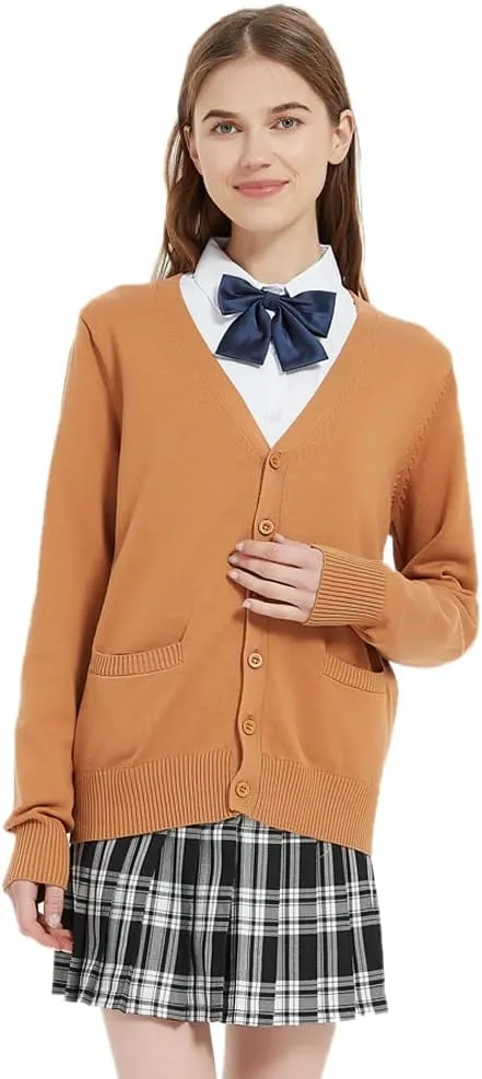 Blostirno Women's Cardigan Sweater V Neck Button Down Knit JK School Uniform Cardigans Girls Long Sleeve Coat with Pockets
