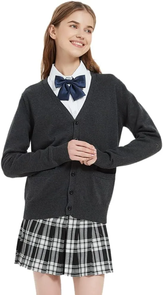 Blostirno Women's Cardigan Sweater V Neck Button Down Knit JK School Uniform Cardigans Girls Long Sleeve Coat with Pockets