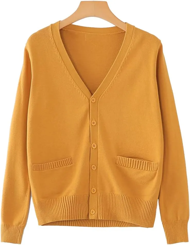 Blostirno Women's Cardigan Sweater V Neck Button Down Knit JK School Uniform Cardigans Girls Long Sleeve Coat with Pockets