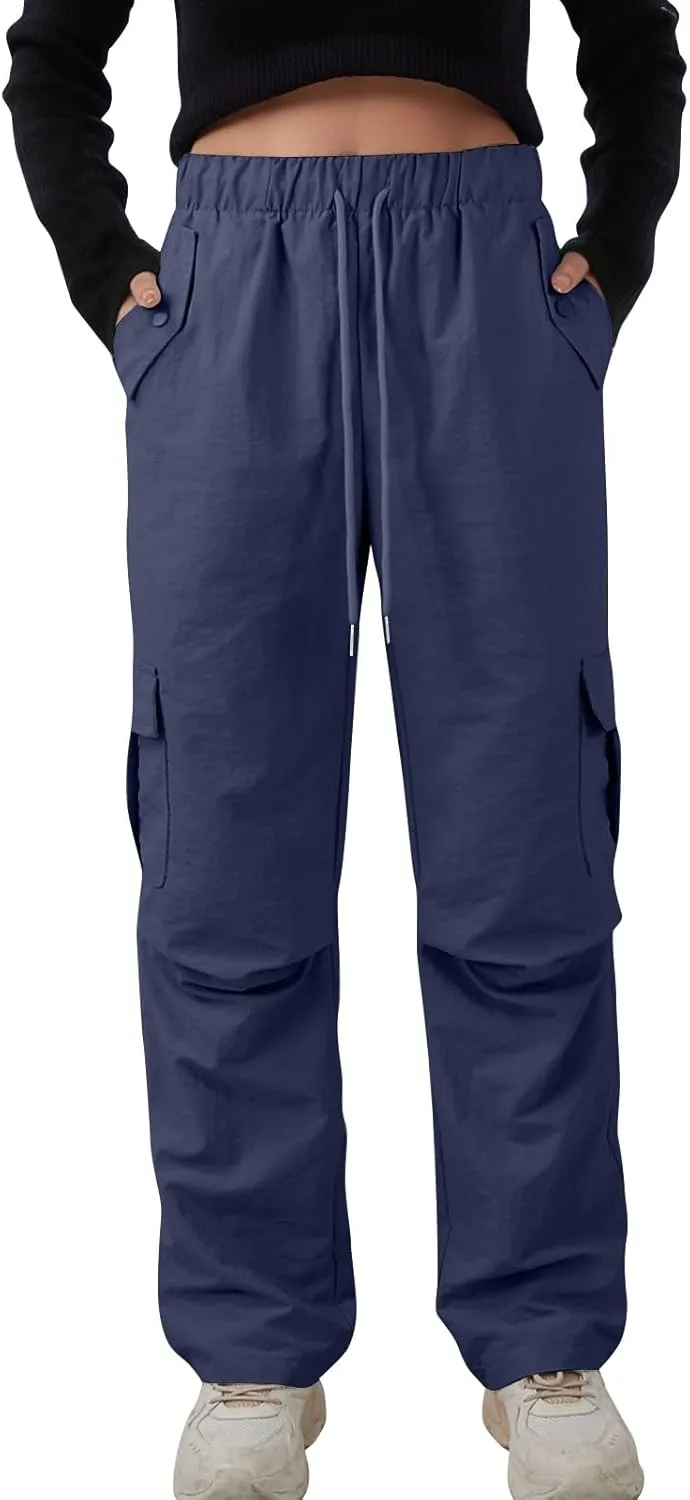 Cargo Pants Women Quick Dry Baggy Hiking Pants Elastic High Waist Drawstring Lightweight Y2K Clothes with Pockets
