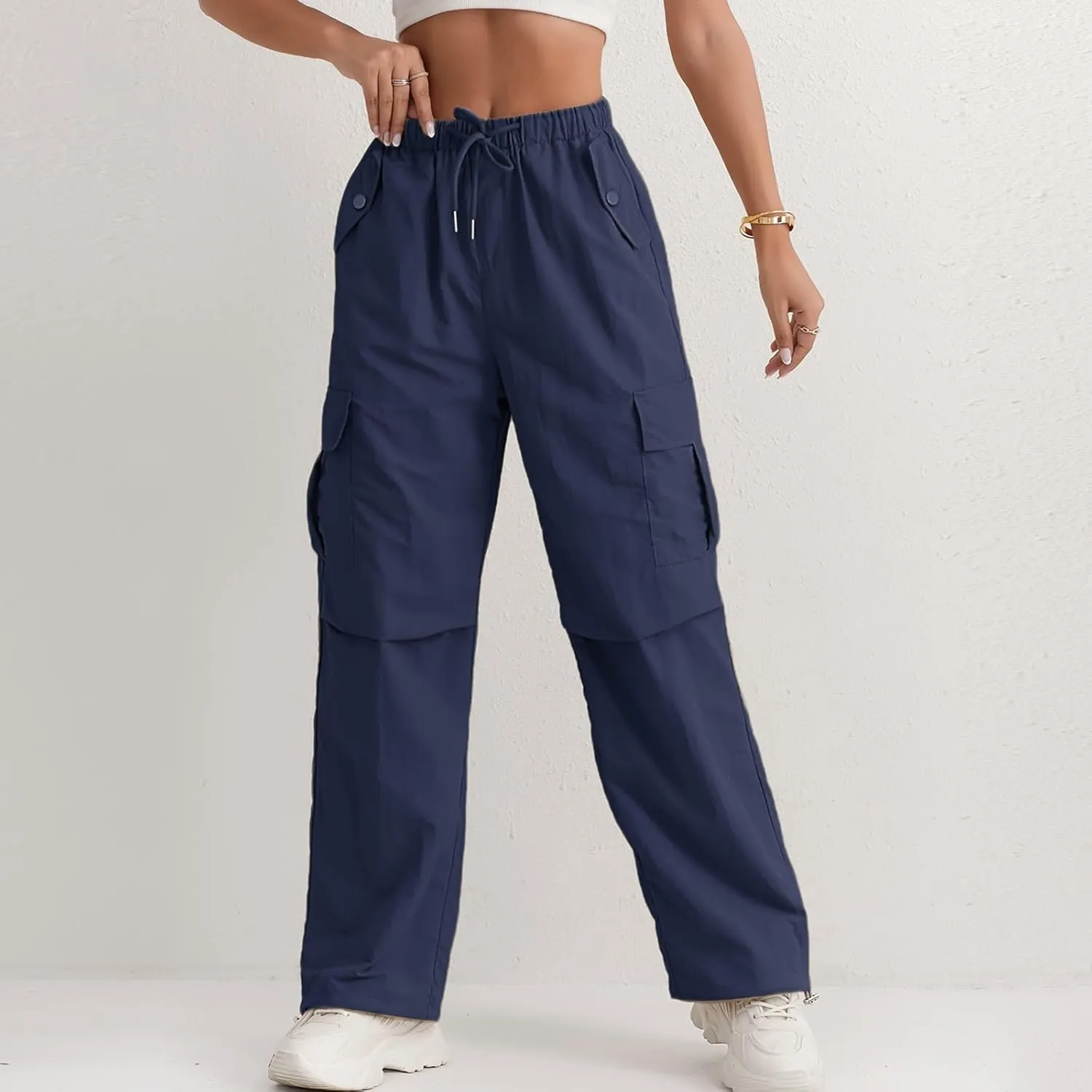 Cargo Pants Women Quick Dry Baggy Hiking Pants Elastic High Waist Drawstring Lightweight Y2K Clothes with Pockets