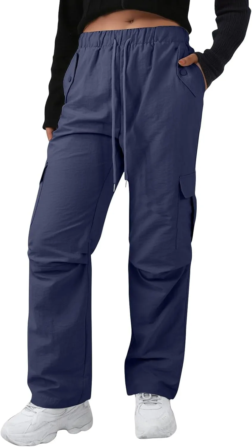Cargo Pants Women Quick Dry Baggy Hiking Pants Elastic High Waist Drawstring Lightweight Y2K Clothes with Pockets