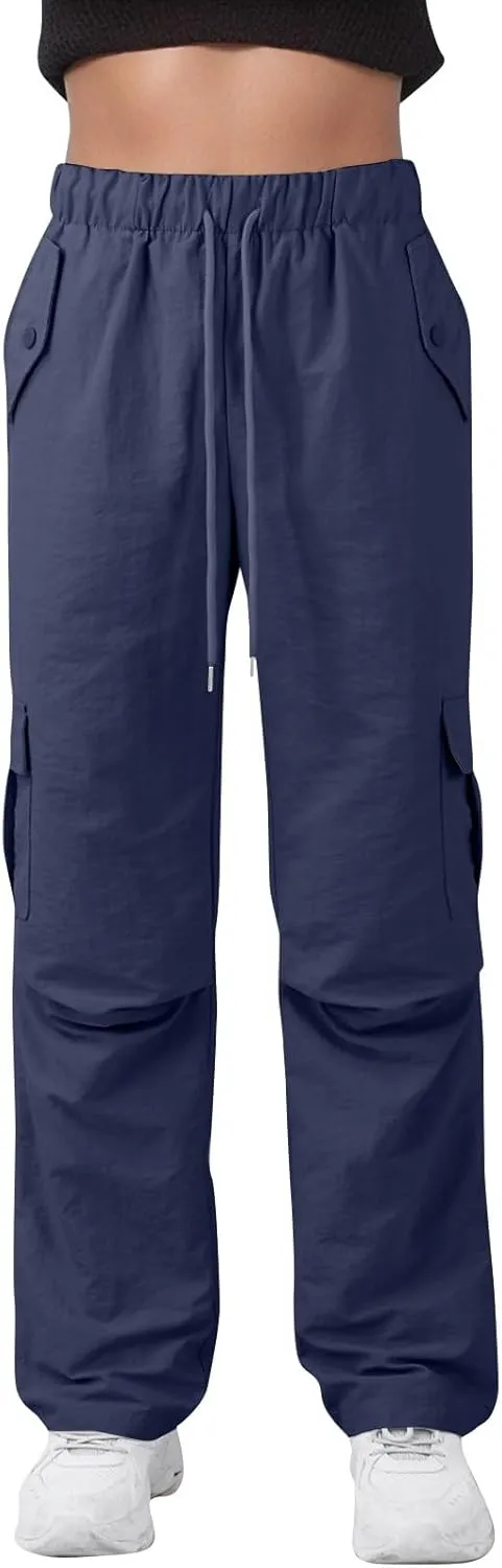 Cargo Pants Women Quick Dry Baggy Hiking Pants Elastic High Waist Drawstring Lightweight Y2K Clothes with Pockets