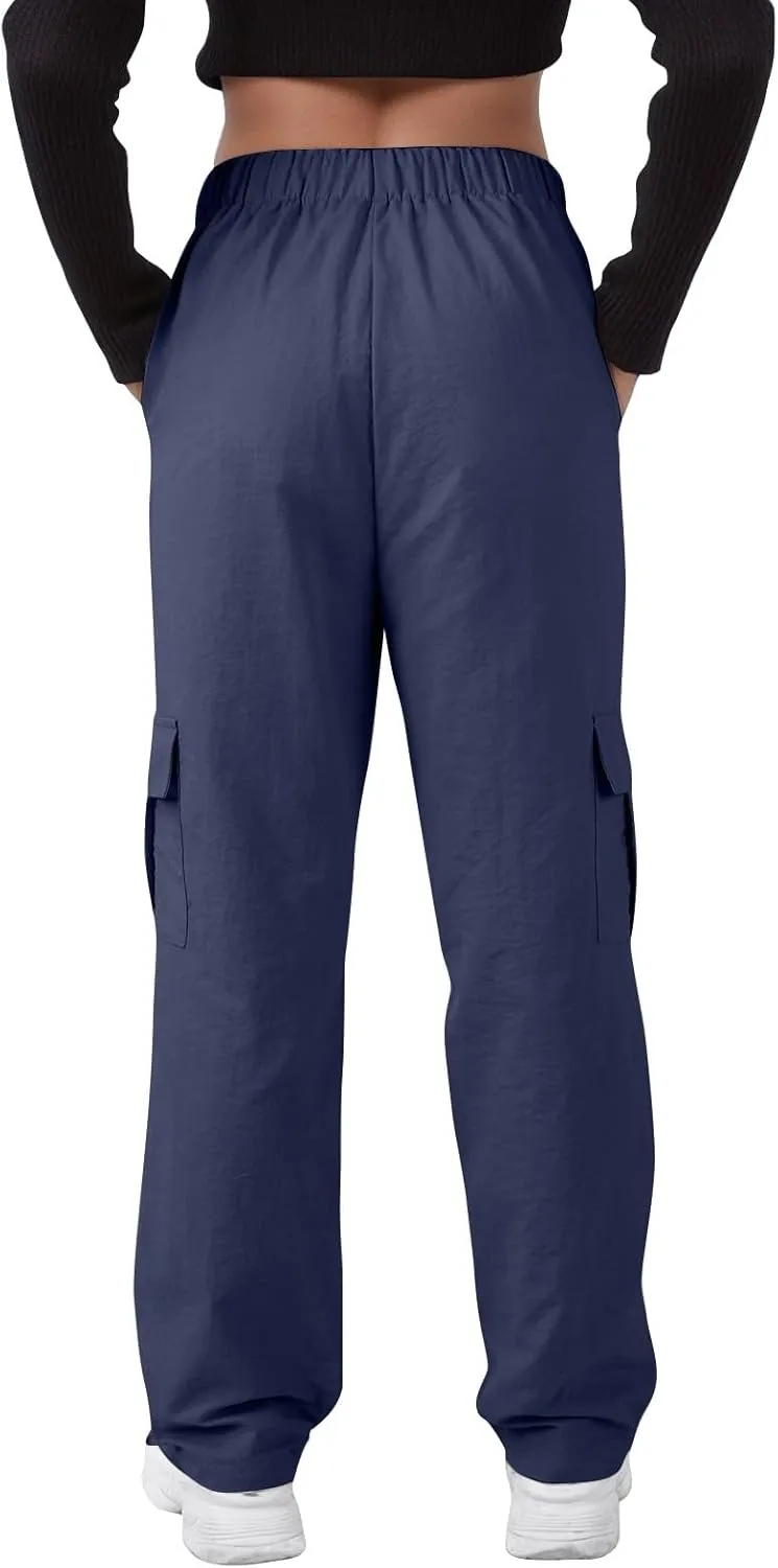 Cargo Pants Women Quick Dry Baggy Hiking Pants Elastic High Waist Drawstring Lightweight Y2K Clothes with Pockets