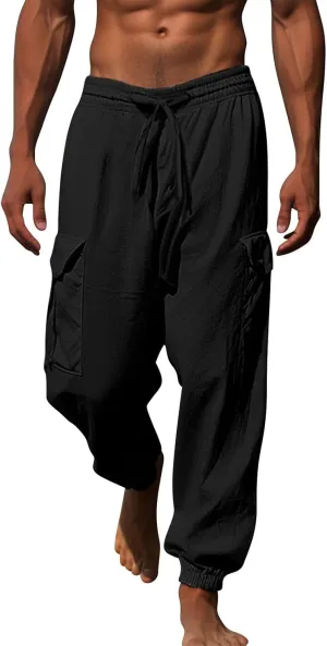 Casual Baggy Linen Harem Pants for Men Solid Elastic Waist Drawstring Joggers Flap Pockets Yoga Hippie Beach Lounge Trousers