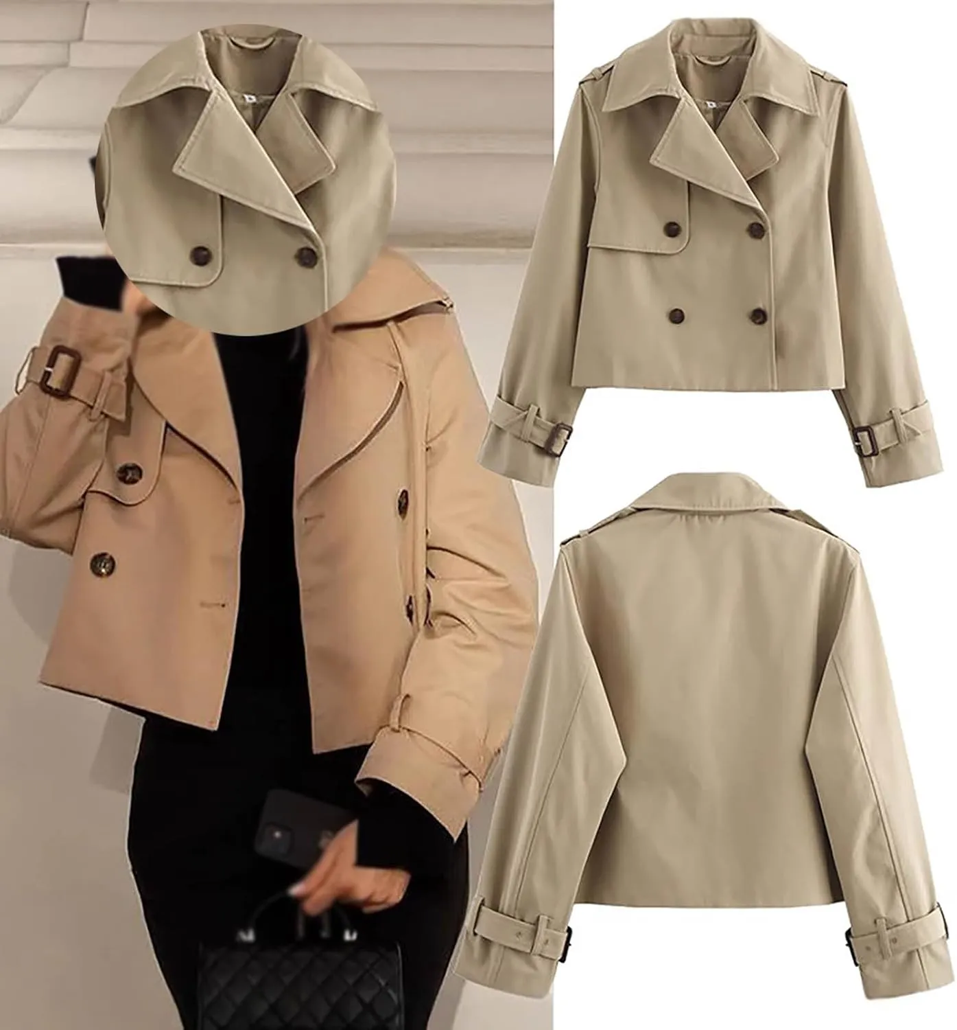 Casual Short Trench Coats for Women Crop Double Breasted Trench Coat Cropped Lapel Jacket Work Jackets Fashion Outwear