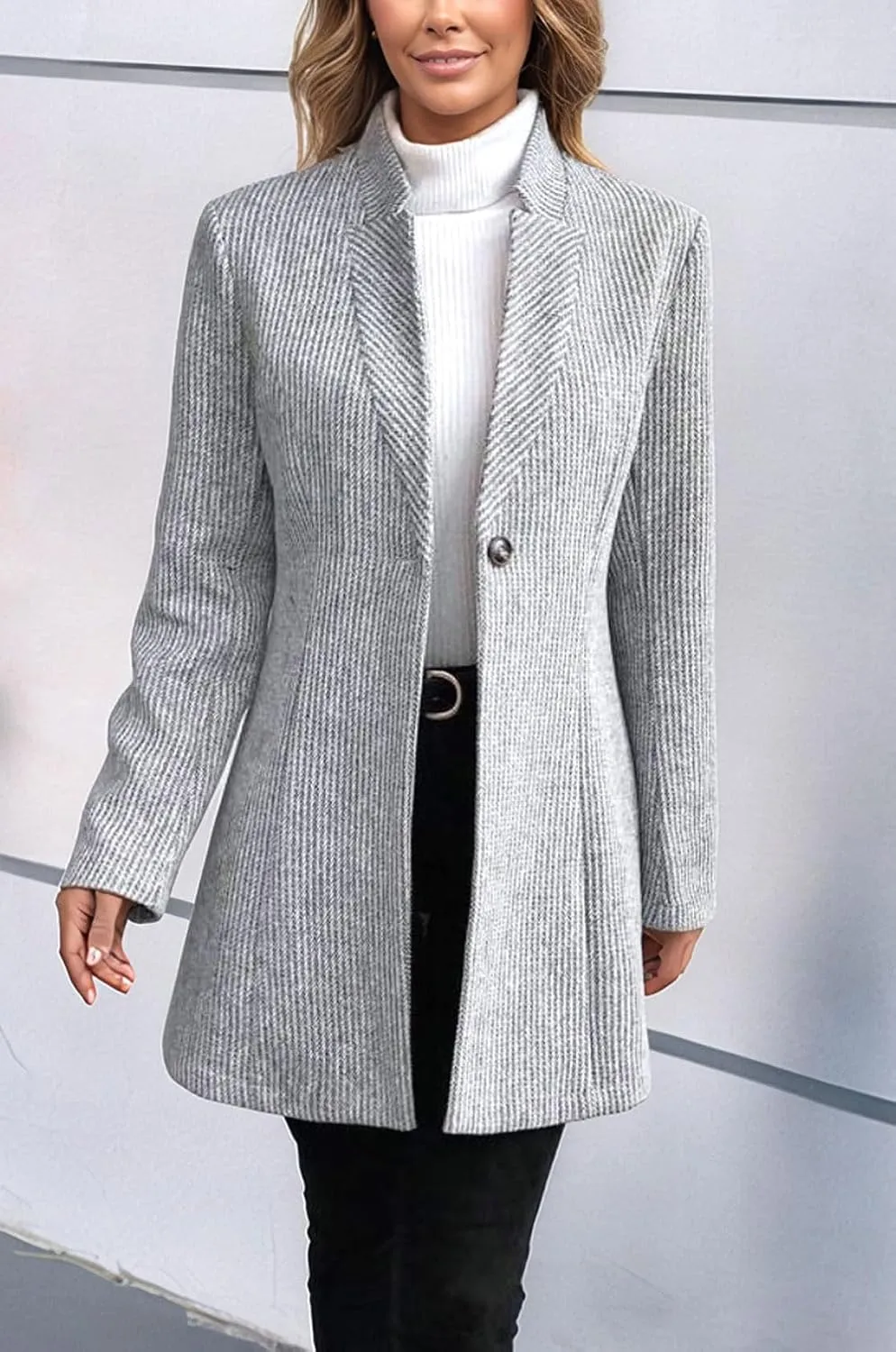 CHARTOU Womens Long Sleeve Casual Wool Jacket Blazer 1 Button Winter Coat Mid-Long Stand Collar Open Front Overcoat