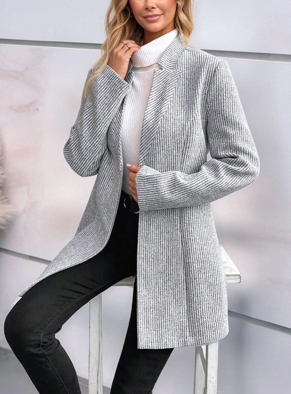 CHARTOU Womens Long Sleeve Casual Wool Jacket Blazer 1 Button Winter Coat Mid-Long Stand Collar Open Front Overcoat